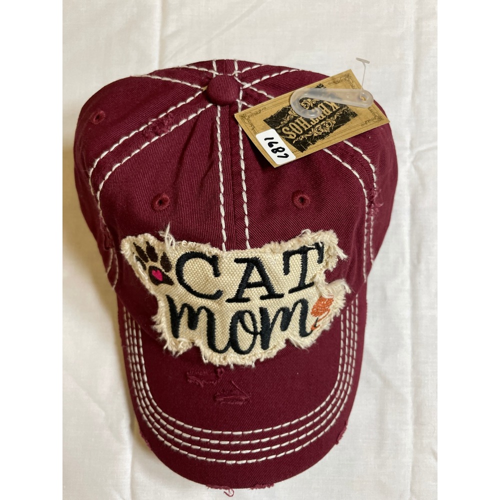 KBETHOS Cat Mom Baseball Cap Womens OSFM Burgundy NWT Distressed Contrast Stitch